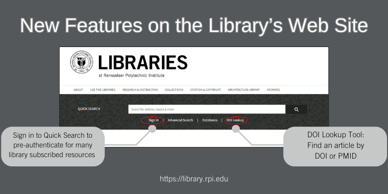 new features circled on library website are sign in and DOI lookup