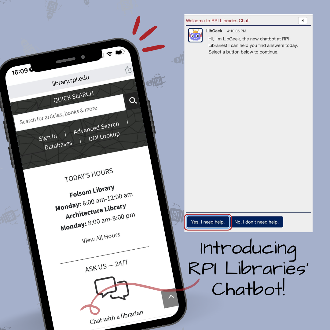 library website in mobile phone frame with chatbot pop out