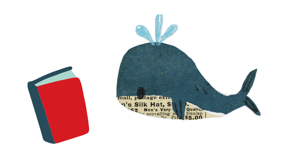 graphic showing a blue whale reading a book