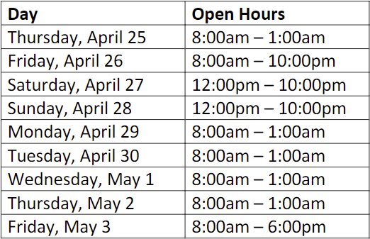 Folsom Library hours of operation during Reading Says and Final Exams: