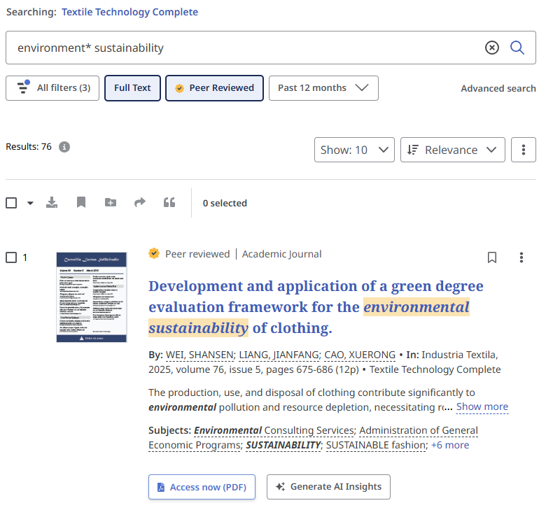 Screenshot of a sample search in Textile Technology Complete database