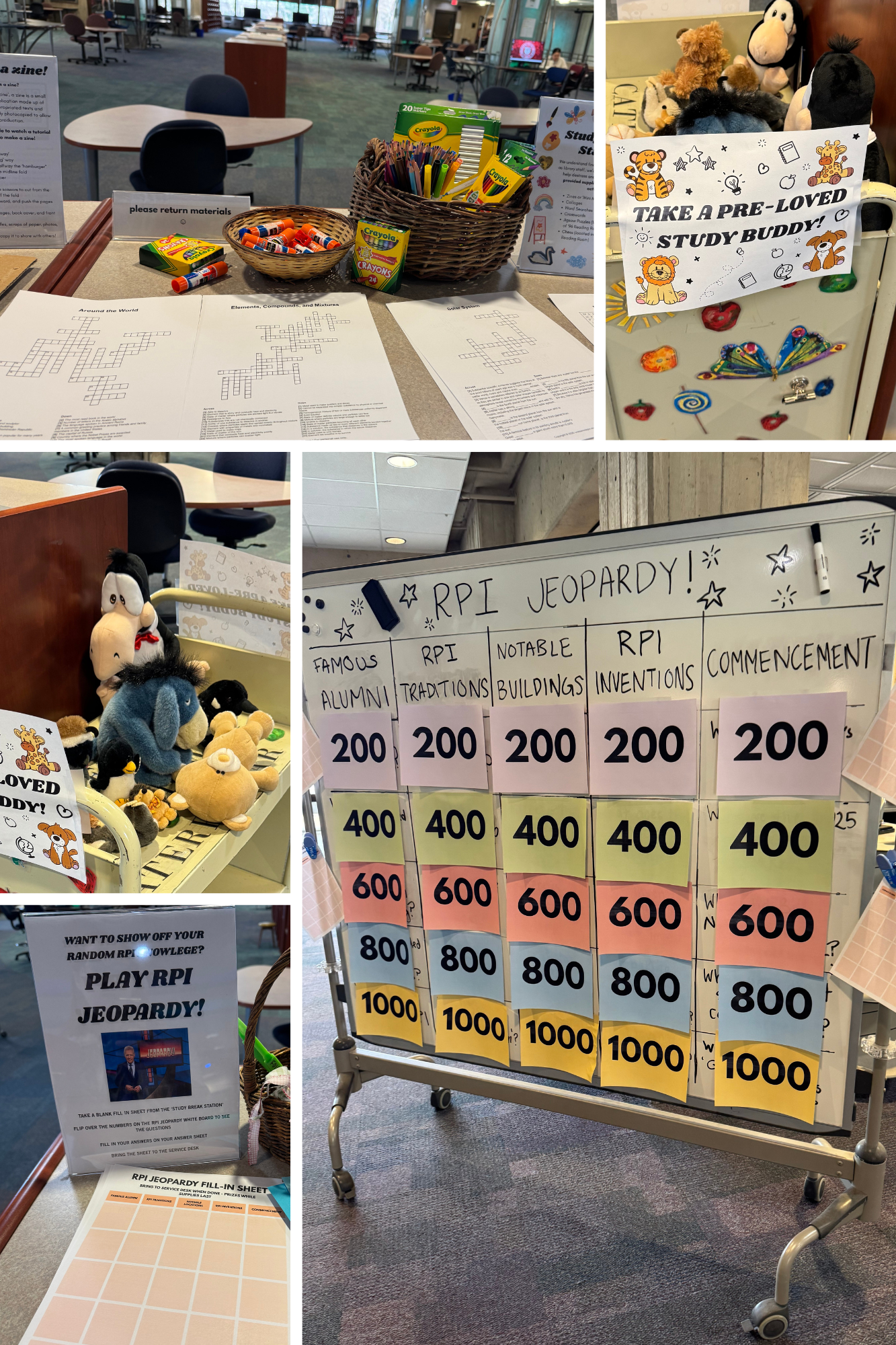 study days and finals library display with activities